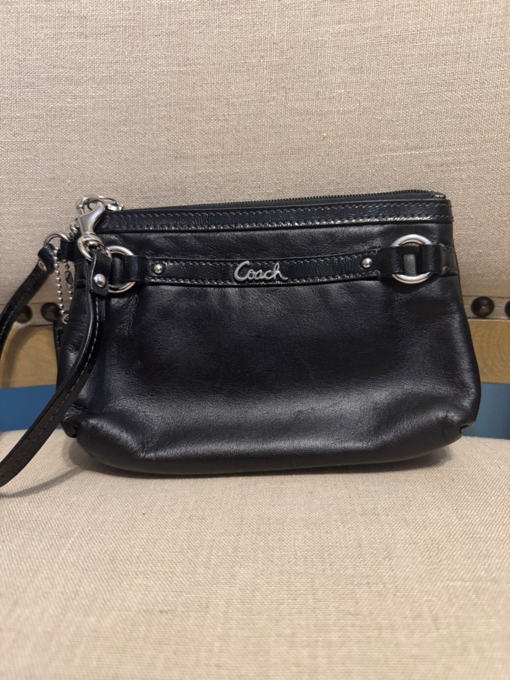 Coach Black Leather Wristlet Clutch with Silver Hardware